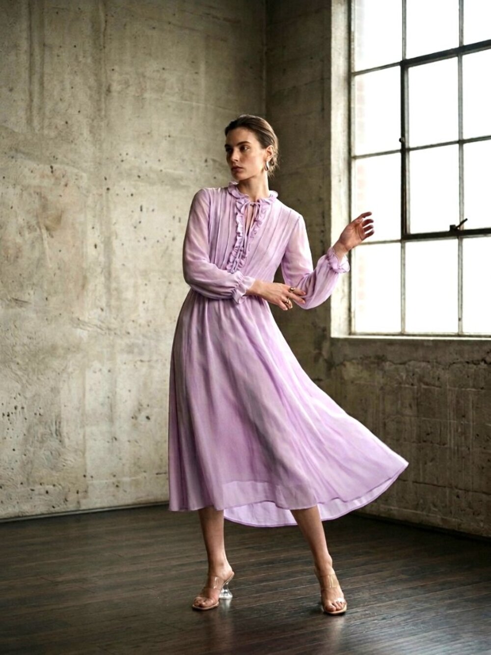 Vintage 70s Lilac Shear Ruffle Dress | S/M | Kay Stone Original